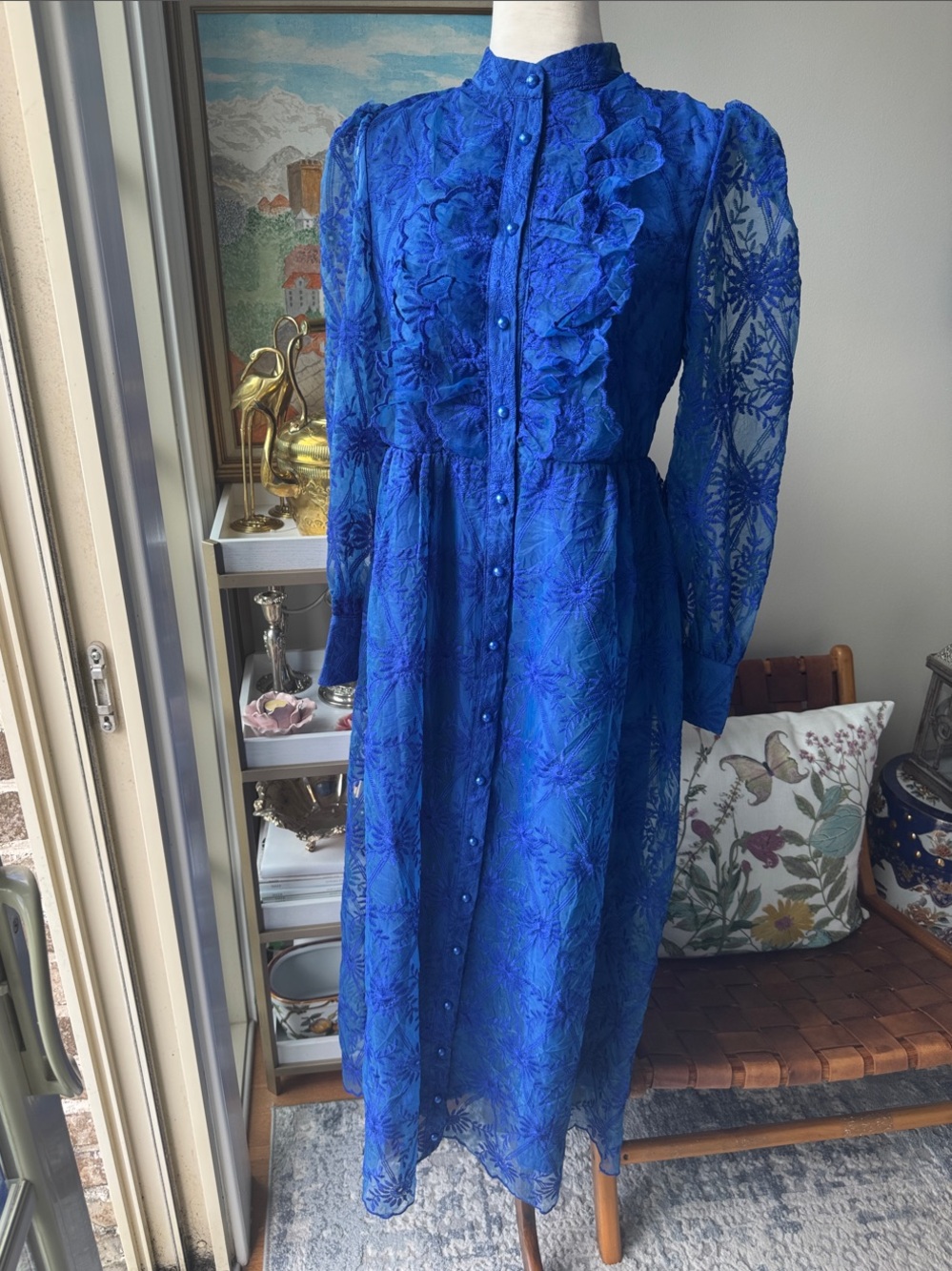 Royal Blue Lace romantic Ruffle standout Long Sleeve Midi Dress